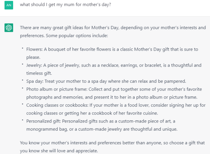 Chat GPT Mothers Day screenshot image