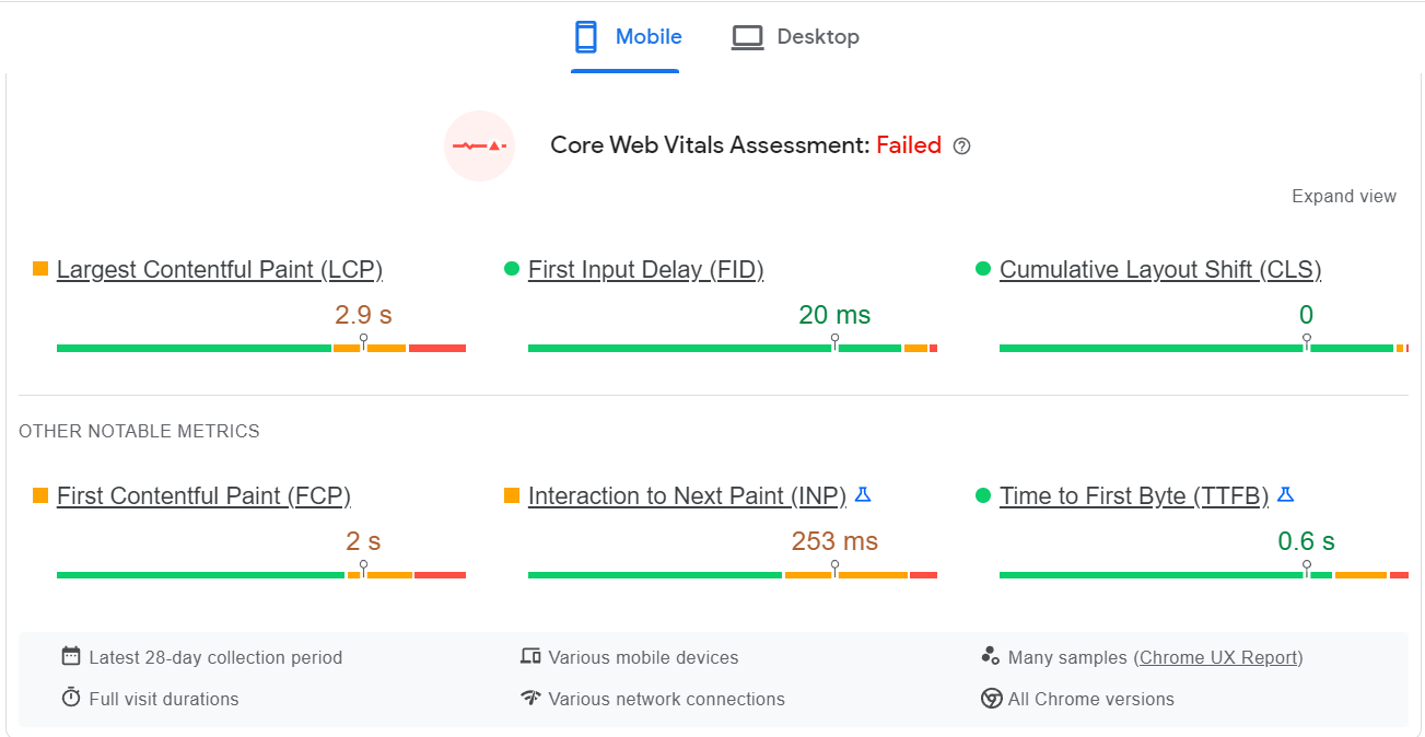 CWV page speed insights example image