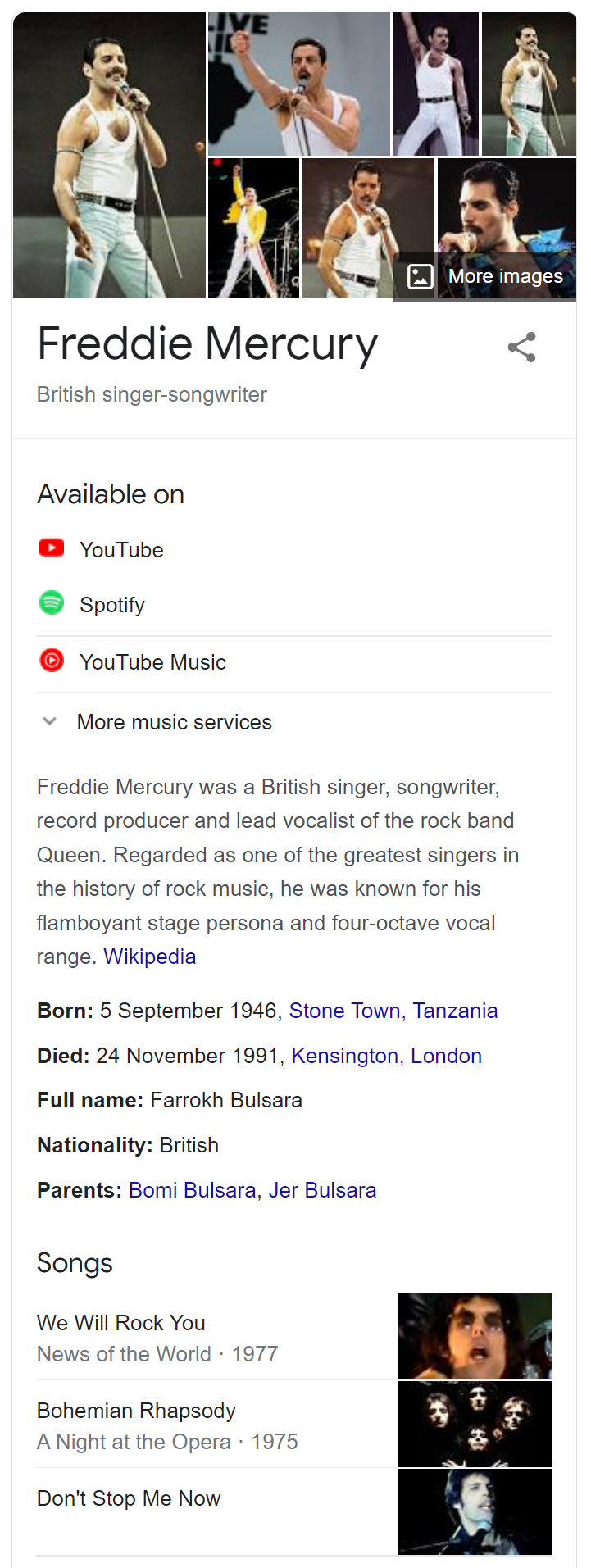 Freddie Mercury knowledge panel example image