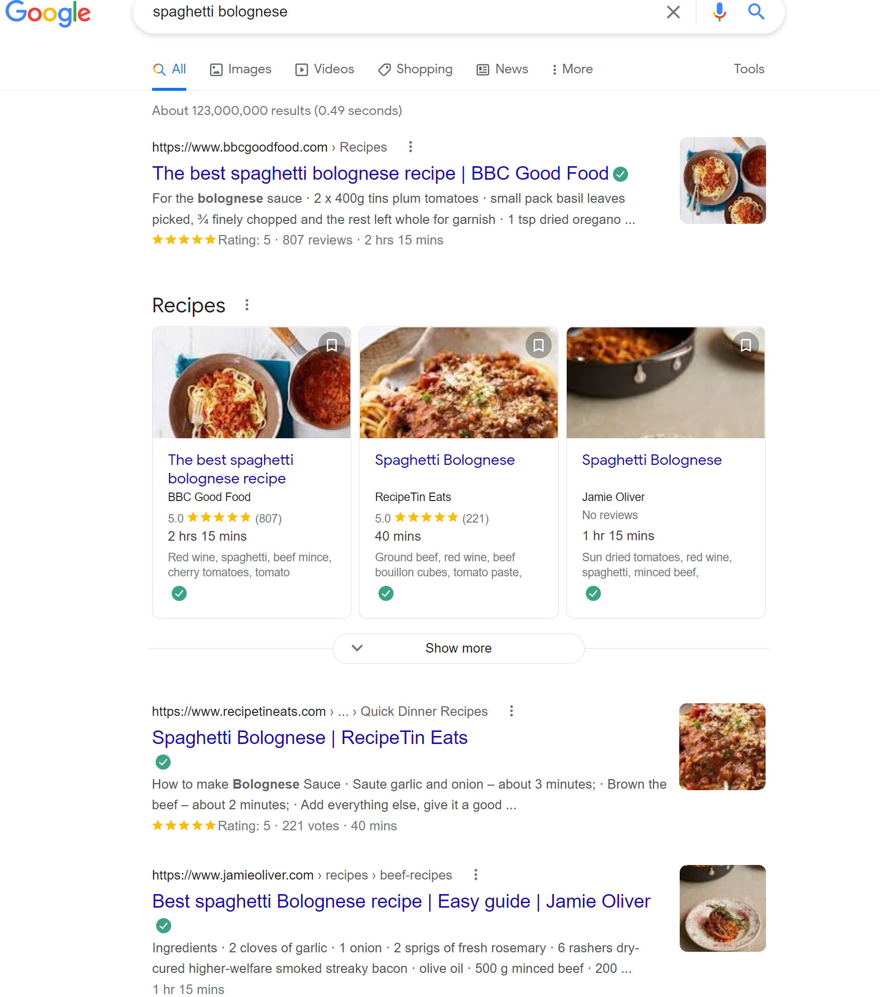 Google results page for spaghetti bolognese an example of informational search intent image