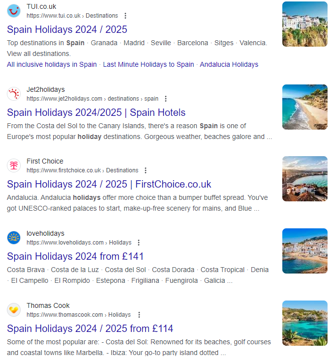 Holiday in Spain SERP image