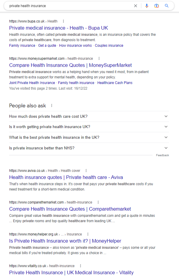 Private health insurance serps image